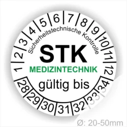 STK Prüfplakette Medizintechnik gültig bis mit Monats- und Jahresring, Sicherheitstechnische Kontrolle Aufkleber für medizinische Geräte, Durchmesser 20–50 mm