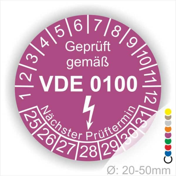 Prüfplaketten rund Farbe- Lila, Text "Geprüft gemäß VDE 0100" in Weiß danach ein Elektro- Pfeil in Weiß, Startjahr- 25, Monatszahlen Oben und Jahreszahlen Unten in Kreisform. Über den Jahreszahlen Text "Nächster Prüftermin"