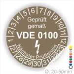 VDE 0100 Prüfplakette mit Prüfintervall und nächstem Prüftermin, geeignet für elektrische Geräte im Durchmesser von 20-50 mm.