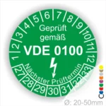 Grünes Prüfzeichen gemäß VDE 0100, zeigt den nächsten Prüftermin und den Durchmesserbereich von 20-50mm.