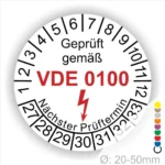 Prüfsiegel gemäß VDE 0100 mit nächstem Prüftermin, Durchmesser 20-50 mm, zur Kennzeichnung von elektrischen Anlagen und Geräten.