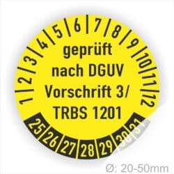 Prüfplakette rund mit Text geprüft nach Dguv Vorschrift 3und TRBS 1201 Plaketten Farbe- Braun und Text in Schwarz. Monatszahlen oben und Jahreszahlen unten beginnend mit Startjahr- 25