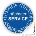 Prüfplaketten, Prüfetiketten rund, Farbe- Blau, Text "nächster SERVICE" in Weiß. Startjahr- 25, Monatszahlen Oben und Jahreszahlen Unten in Kreisform.