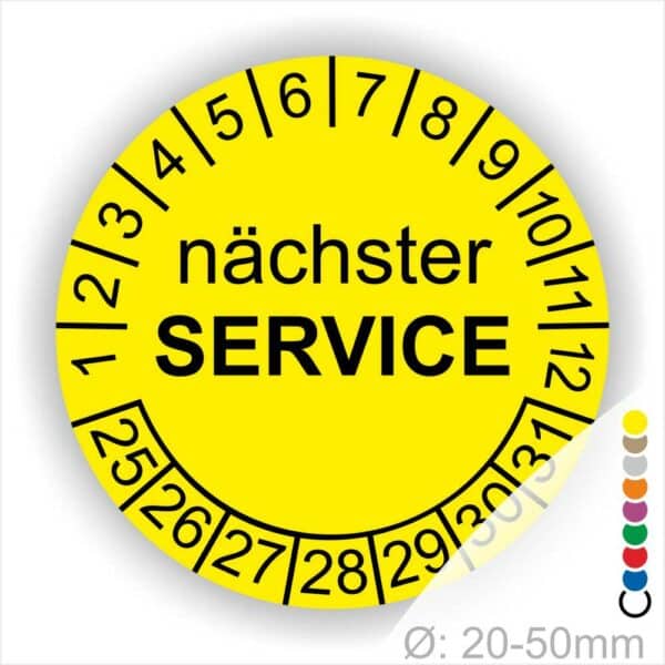 Prüfplaketten, Prüfetiketten rund, Farbe- Weiß, Text "nächster SERVICE" in Schwarz. Startjahr- 26, Monatszahlen Oben und Jahreszahlen Unten in Kreisform.