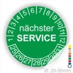 Prüfplaketten, Prüfetiketten rund, Farbe- Grün, Text "nächster SERVICE" in Weiß. Startjahr- 25, Monatszahlen Oben und Jahreszahlen Unten in Kreisform.