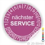 Prüfplaketten, Prüfetiketten rund, Farbe- Lila, Text "nächster SERVICE" in Weiß. Startjahr- 25, Monatszahlen Oben und Jahreszahlen Unten in Kreisform.