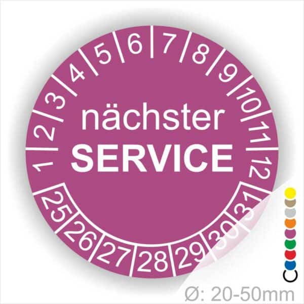 Prüfplaketten, Prüfetiketten rund, Farbe- Lila, Text "nächster SERVICE" in Weiß. Startjahr- 25, Monatszahlen Oben und Jahreszahlen Unten in Kreisform.