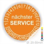 Prüfplaketten, Prüfetiketten rund, Farbe- Orange, Text "nächster SERVICE" in Weiß. Startjahr- 25, Monatszahlen Oben und Jahreszahlen Unten in Kreisform.