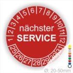 Prüfplaketten, Prüfetiketten rund, Farbe- Rot, Text "nächster SERVICE" in Weiß. Startjahr- 25, Monatszahlen Oben und Jahreszahlen Unten in Kreisform.