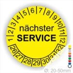 Prüfplaketten, Prüfetiketten rund, Farbe- Gelb, Text "nächster SERVICE" in Schwarz. Startjahr- 26, Monatszahlen Oben und Jahreszahlen Unten in Kreisform.