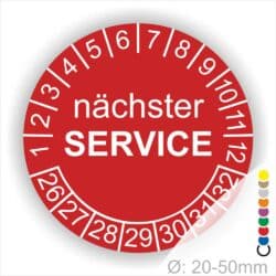 Prüfplaketten, Prüfetiketten rund, Farbe- Rot, Text "nächster SERVICE" in Weiß. Startjahr- 26, Monatszahlen Oben und Jahreszahlen Unten in Kreisform.