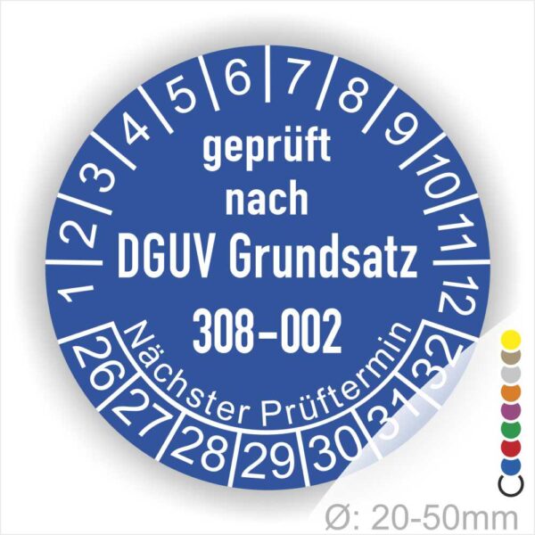 Prüfplakette, Prüfsiegel zur Prüfung von Hebebühnen nach DGUV Grundsatz 308-002 Starjahr- 26, Farbe- Blau