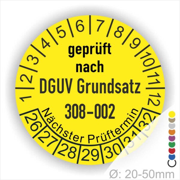 Prüfplakette, Prüfsiegel zur Prüfung von Hebebühnen nach DGUV Grundsatz 308-002 Starjahr- 26, Farbe- Gelb