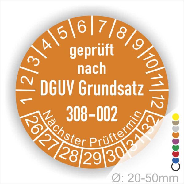 Prüfsiegel zur Prüfung von Hebebühnen nach DGUV Grundsatz 308-002 Starjahr- 26, Farbe- Orange