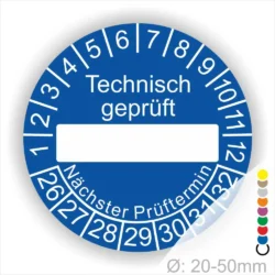 Technisch geprüft Prüfplakette blau mit Beschriftungsfeld, Monats- und Jahresring, runde Prüfplakette zur technischen Prüfkennzeichnung mit nächstem Prüftermin, Durchmesser 20–50 mm