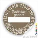 Technisch geprüft Prüfplakette braun mit Beschriftungsfeld, Monats- und Jahresring, runde Prüfplakette zur technischen Prüfkennzeichnung mit nächstem Prüftermin, Durchmesser 20–50 mm