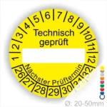 Technisch geprüft Prüfplakette gelb mit Beschriftungsfeld, Monats- und Jahresring, runde Prüfplakette zur technischen Prüfkennzeichnung mit nächstem Prüftermin, Durchmesser 20–50 mm