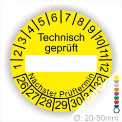 Technisch geprüft Prüfplakette gelb mit Beschriftungsfeld, Monats- und Jahresring, runde Prüfplakette zur technischen Prüfkennzeichnung mit nächstem Prüftermin, Durchmesser 20–50 mm
