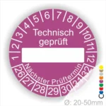Technisch geprüft Serviceplakette lila mit Beschriftungsfeld, Monats- und Jahresring, runde Prüfplakette zur technischen Prüfkennzeichnung mit nächstem Prüftermin, Durchmesser 20–50 mm