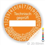 Technisch geprüft Wartungs- Prüfplakette orange mit Beschriftungsfeld, Monats- und Jahresring, runde Prüfplakette zur technischen Prüfkennzeichnung mit nächstem Prüftermin, Durchmesser 20–50 mm