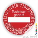 Technisch geprüft Service- Prüfplakette rot mit Beschriftungsfeld, Monats- und Jahresring, runde Prüfplakette zur technischen Prüfkennzeichnung mit nächstem Prüftermin, Durchmesser 20–50 mm