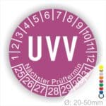 Prüfplaketten, Prüfetikette rund, Farbe- Lila, Text "UVV" in Weiß. Startjahr- 25, Monatszahlen Oben und Jahreszahlen Unten in Kreisform. Über den Jahreszahlen Text "Nächster Prüftermin"