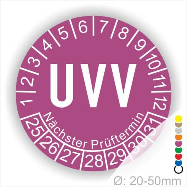 Prüfplaketten, Prüfetikette rund, Farbe- Lila, Text "UVV" in Weiß. Startjahr- 25, Monatszahlen Oben und Jahreszahlen Unten in Kreisform. Über den Jahreszahlen Text "Nächster Prüftermin"