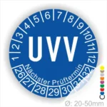 UVV Prüfplakette blau rund mit Monats- und Jahresanzeige zur Kennzeichnung des nächsten Prüftermins – selbstklebender UVV-Prüfaufkleber Ø 20–50 mm