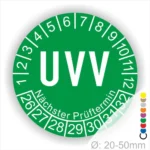 UVV Prüfsiegel in grün mit dem Text "Nächster Prüftermin" und einer Skala von 1 bis 12, ideal für die Kennzeichnung von Sicherheitsprüfungen an Geräten. Durchmesser von 20-50 mm.