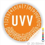 UVV Prüfplakette in orange mit den nächsten Prüfterminen, geeignet für Durchmesser von 20-50 mm.