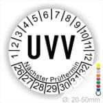 Prüfplaketten, Prüfetikette rund, Farbe- Weiß, Text "UVV Nächster Prüftermin" in Schwarz. Startjahr- 26, Monatszahlen Oben und Jahreszahlen Unten in Kreisform über den Jahreszahlen Text "Nächster Prüftermin" Die Prüfplakette wird verwendet zur Prüfung von Anlagen & Maschinen