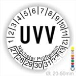 Prüfplaketten, Prüfaufkleber rund, Farbe- Weiß, Text "UVV Nächster Prüftermin" in Schwarz. Startjahr- 27, Monatszahlen Oben und Jahreszahlen Unten in Kreisform über den Jahreszahlen Text "Nächster Prüftermin" Die Prüfplakette wird verwendet zur Prüfung von Anlagen & Maschinen