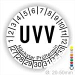 Prüfplaketten, Prüfaufkleber rund, Farbe- Weiß, Text "UVV Nächster Prüftermin" in Schwarz. Startjahr- 27, Monatszahlen Oben und Jahreszahlen Unten in Kreisform über den Jahreszahlen Text "Nächster Prüftermin" Die Prüfplakette wird verwendet zur Prüfung von Anlagen & Maschinen