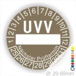 Prüfplaketten, rund, Farbe- Braun, Text "UVV Nächster Prüftermin" in Weiß. Als nächstes kommt ein Beschriftungfeld / Leerfeld in Farbe Weiß. Startjahr- 25, Monatszahlen Oben und Jahreszahlen Unten in Kreisform. über den Jahreszahlen Text "Nächster Prüftermin" Die Prüfplakette wird verwendet zur Prüfung von Anlagen & Maschine