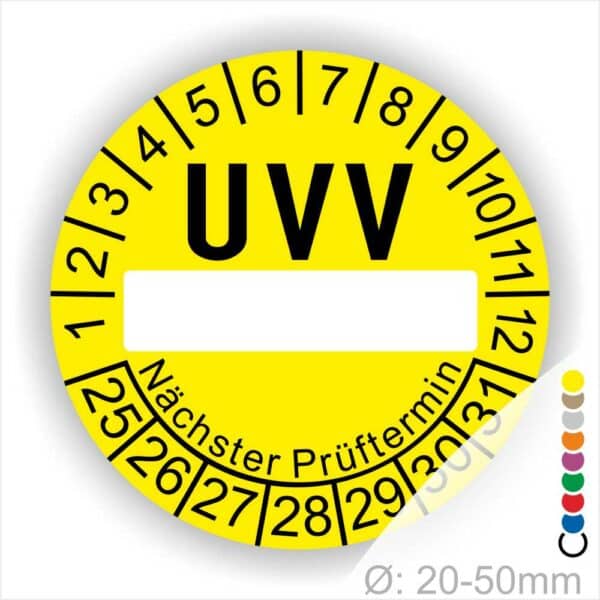 Prüfplaketten, rund, Farbe- Gelb, Text "UVV Nächster Prüftermin" in Schwarz. Als nächstes kommt ein Beschriftungfeld / Leerfeld in Farbe Weiß. Startjahr- 25, Monatszahlen Oben und Jahreszahlen Unten in Kreisform in Schwarz. über den Jahreszahlen Text "Nächster Prüftermin" Die Prüfplakette wird verwendet zur Prüfung von Anlagen & Maschine.