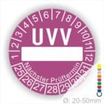 Prüfplaketten, rund, Farbe- Lila, Text "UVV Nächster Prüftermin" in Weiß. Als nächstes kommt ein Beschriftungfeld / Leerfeld in Farbe Weiß. Startjahr- 25, Monatszahlen Oben und Jahreszahlen Unten in Kreisform. über den Jahreszahlen Text "Nächster Prüftermin" Die Prüfplakette wird verwendet zur Prüfung von Anlagen & Maschine