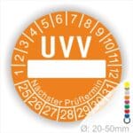 Prüfplaketten, rund, Farbe- Orange, Text "UVV Nächster Prüftermin" in Weiß. Als nächstes kommt ein Beschriftungfeld / Leerfeld in Farbe Weiß. Startjahr- 25, Monatszahlen Oben und Jahreszahlen Unten in Kreisform. über den Jahreszahlen Text "Nächster Prüftermin" Die Prüfplakette wird verwendet zur Prüfung von Anlagen & Maschine