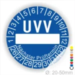 UVV Prüfplakette blau rund mit Beschriftungsfeld, Monatsanzeige und Jahresring zur Kennzeichnung des nächsten Prüftermins – selbstklebender UVV-Prüfaufkleber Ø 20–50 mm