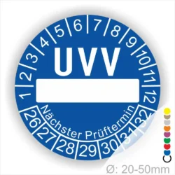 UVV Prüfplakette blau rund mit Beschriftungsfeld, Monatsanzeige und Jahresring zur Kennzeichnung des nächsten Prüftermins – selbstklebender UVV-Prüfaufkleber Ø 20–50 mm
