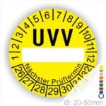 Prüfetiketten, rund, Farbe- Gelb, Text "UVV Nächster Prüftermin" in Schwarz. Als nächstes kommt ein Beschriftungfeld / Leerfeld in Farbe Weiß. Startjahr- 25, Monatszahlen Oben und Jahreszahlen Unten in Kreisform in Schwarz. über den Jahreszahlen Text "Nächster Prüftermin" Die Prüfplakette wird verwendet zur Prüfung von Anlagen & Maschine.