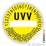 Prüfetiketten, rund, Farbe- Gelb, Text "UVV Nächster Prüftermin" in Schwarz. Als nächstes kommt ein Beschriftungfeld / Leerfeld in Farbe Weiß. Startjahr- 25, Monatszahlen Oben und Jahreszahlen Unten in Kreisform in Schwarz. über den Jahreszahlen Text "Nächster Prüftermin" Die Prüfplakette wird verwendet zur Prüfung von Anlagen & Maschine.