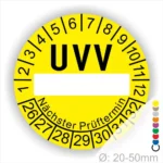 UVV Prüfplakette gelb rund mit Beschriftungsfeld und Monats- sowie Jahresanzeige zur Kennzeichnung des nächsten Prüftermins – selbstklebender UVV-Prüfaufkleber Ø 20–50 mm