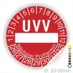 Roter UVV-Prüfaufkleber mit Platz für das Prüfdatum, geeignet für Durchmesser von 20-50 mm, zeigt die nächsten Prüftermine von 1 bis 12 sowie die Jahreszahlen 26 bis 32.