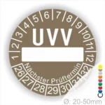 UVV-Prüfplakette in braun mit Platz für den nächsten Prüftermin, geeignet für Durchmesser 20-50 mm.