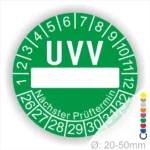 Grüner UVV-Prüfaufkleber mit Platz für das Datum des nächsten Prüftermins, geeignet für Durchmesser von 20-50 mm. Ideal für die Kennzeichnung von Sicherheitsprüfungen in Unternehmen.