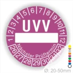 UVV Prüfplakette in lila mit Platz für das Datum des nächsten Prüftermins, geeignet für Durchmesser von 20-50 mm, zur Kennzeichnung von Sicherheitsprüfungen.