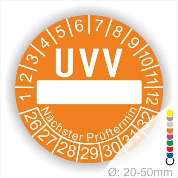 Prüfetiketten, rund, Farbe- Orange, Text "UVV Nächster Prüftermin" in Weiß. Als nächstes kommt ein Beschriftungfeld / Leerfeld in Farbe Weiß. Startjahr- 26, Monatszahlen Oben und Jahreszahlen Unten in Kreisform. über den Jahreszahlen Text "Nächster Prüftermin" Die Prüfplakette wird verwendet zur Prüfung von Anlagen & Maschine.