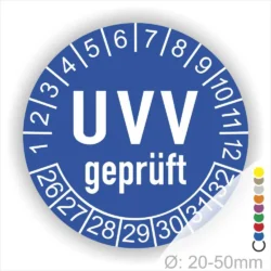 UVV geprüfter Aufkleber mit einem Durchmesser von 20-50 mm, der zur Kennzeichnung von sicherheitsüberprüften Geräten verwendet wird. Die Zahlen auf dem Rand zeigen das Prüfdatum an.