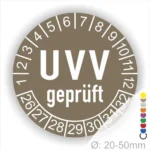 UVV geprüft Prüfplakette braun rund mit Monats- und Jahresanzeige zur Kennzeichnung des nächsten UVV-Prüftermins – selbstklebender Prüfaufkleber Ø 20–50 mm