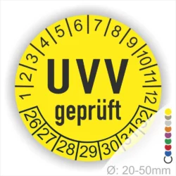 UVV geprüft Prüfplakette gelb rund mit Monats- und Jahresanzeige zur Kennzeichnung des nächsten UVV-Prüftermins – selbstklebender Prüfaufkleber Ø 20–50 mm